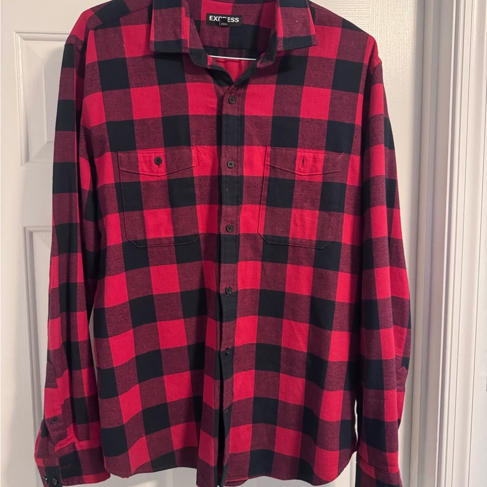 Express Men's Red and Black Plaid Shirt